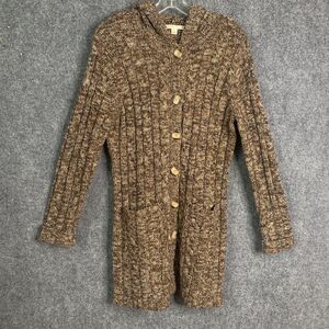 Carolyn Taylor Longline Hooded Button Cardigan Bulky Cable Patch Pockets Sz M